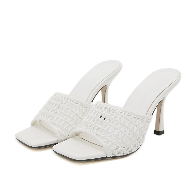 Fashion Liyke Brand Fashion Handmade Weave Mesh Women's 9CM Thin Heels Slippers Sandals Summer Square Open Toe Party Prom Shoes Pumps