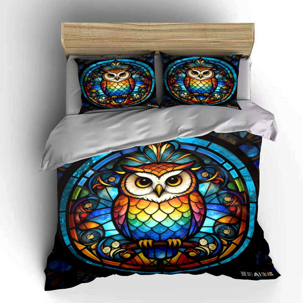 Colorful Owl Glass Decor Set Multiple Sizes Kid'S And Adults' Bedroom Exquisite 3Pc Bedding Set, Gift