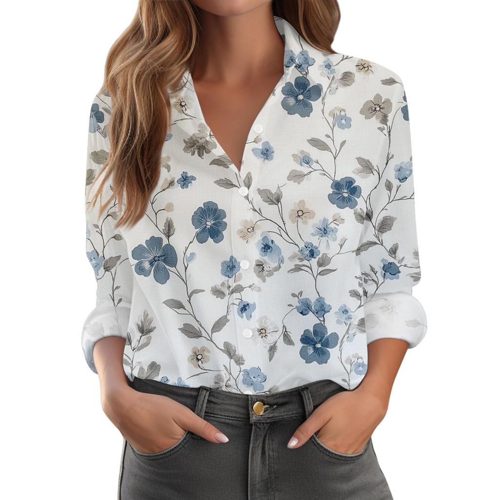Women's Shirt With Floral Print Buttons, Long Sleeved Casual Regular Shirt Blouses Casual Plus Size Basic Tops