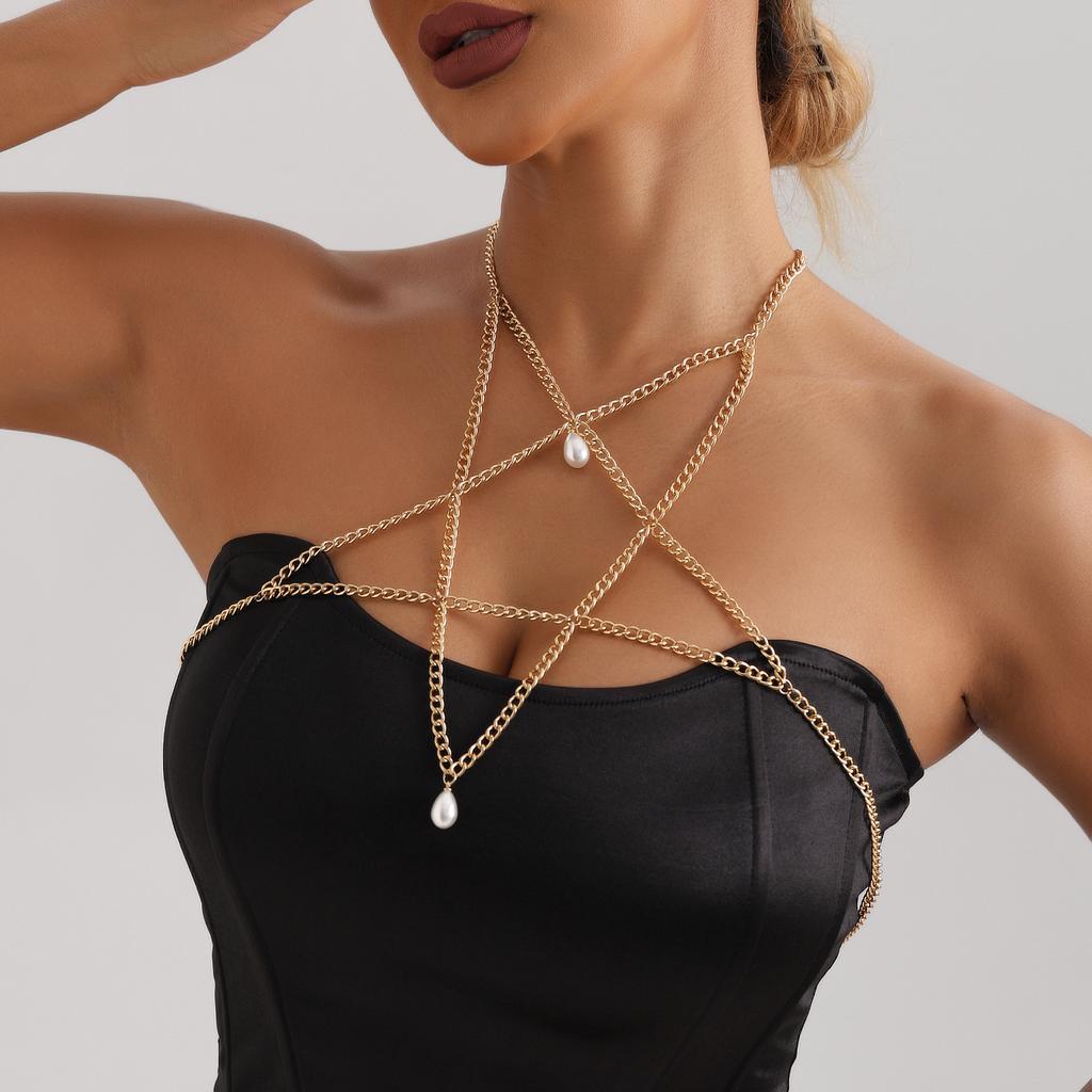 European and American Jewelry Fashion Metal Pentagram Imitation Pearl Pendant Chest Chain Sexy Hottie Bikini Body Chain