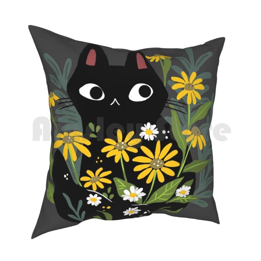 Black Cat With Flowers Pillow Case Printed Home Soft Throw Pillow Black Cat Cat Flowers Daisy Garden Folk Cat Love Crazy