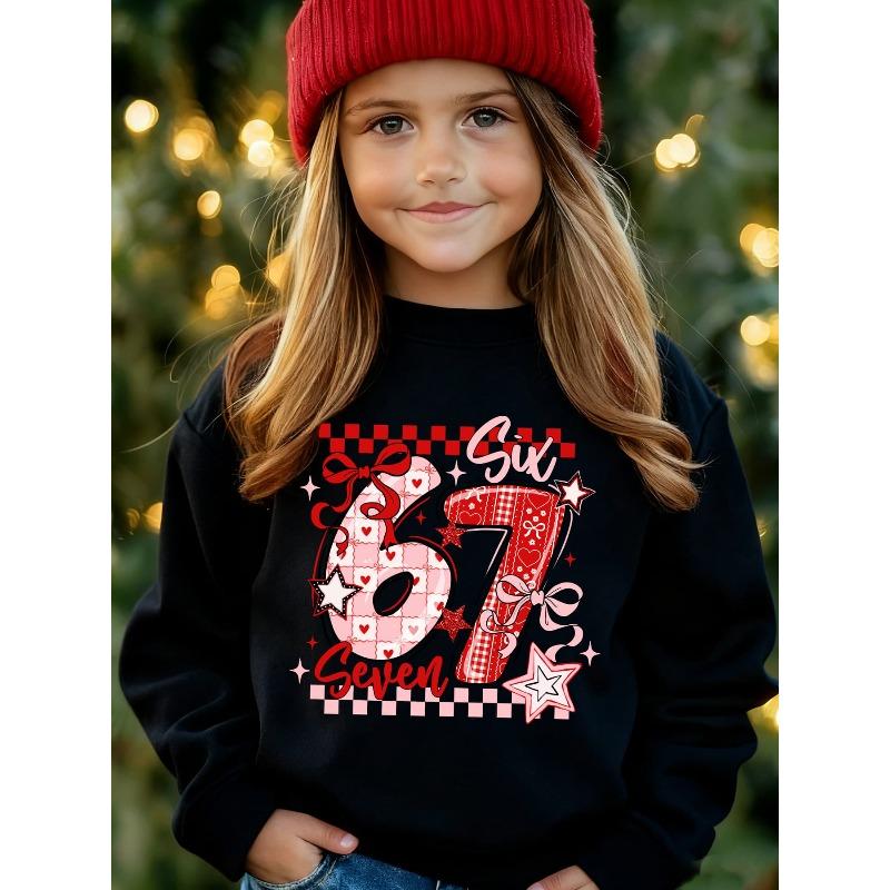 Unisex Kids Red Crewneck Sweatshirt For 4-12 Girls Heart Plaid Bow Star Number 67 Six Seven Print Soft Fleece Long Sleeve Pullover