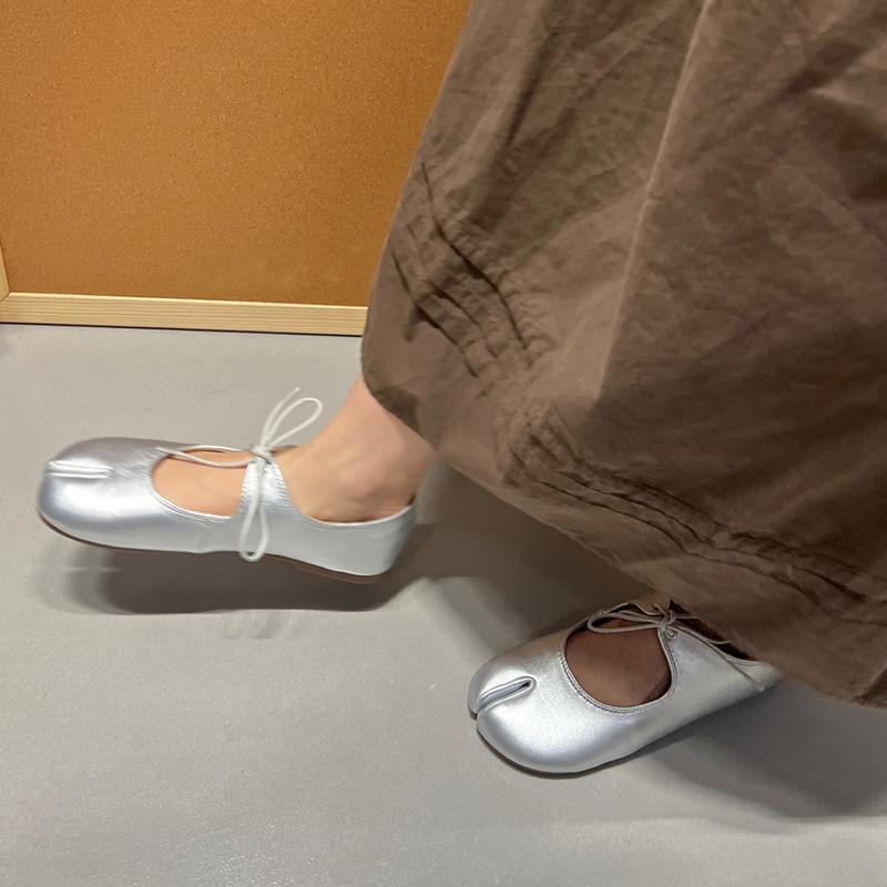 Fashion Bailamos Autumn Women Flat Shoes Fashion Split Toe Flat Heel Laofer Shoes Shallow Soft Leather Casual Outdoor Mary Jane Shoes