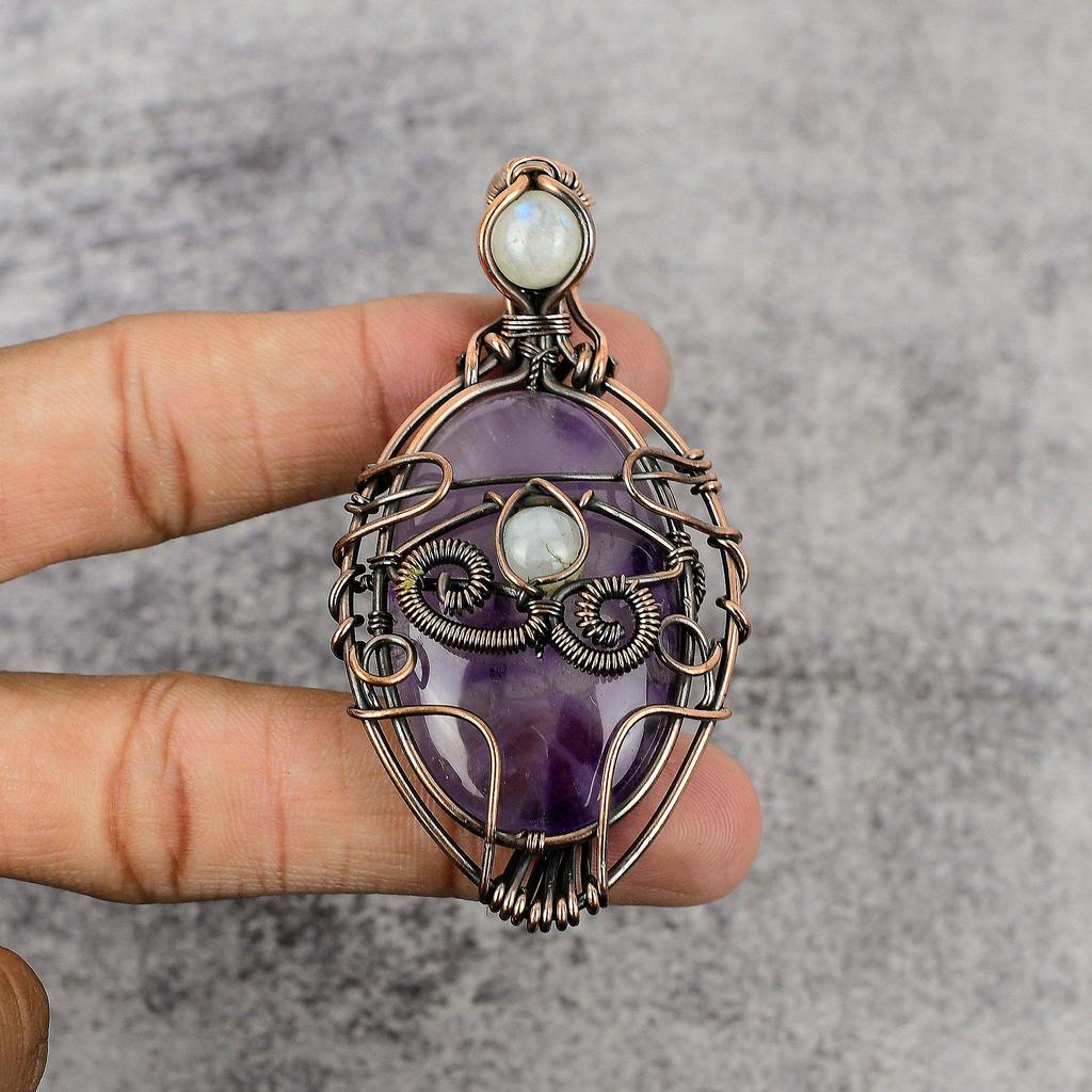 Amethyst & Rainbow Moonstone Pendant Gemstone Jewelry, 999 Copper Wire Wrapped Pendant, Gift For Women Handmade Pendant