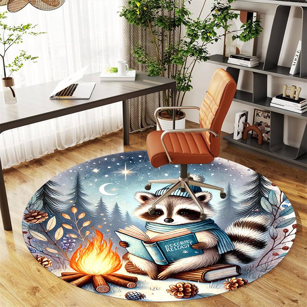 1pc Raccoon, Campfire Round Chair Mat Area Rug - Non-Slip, Floor Mat for Office, Bedroom, and Indoor Decor -1002071