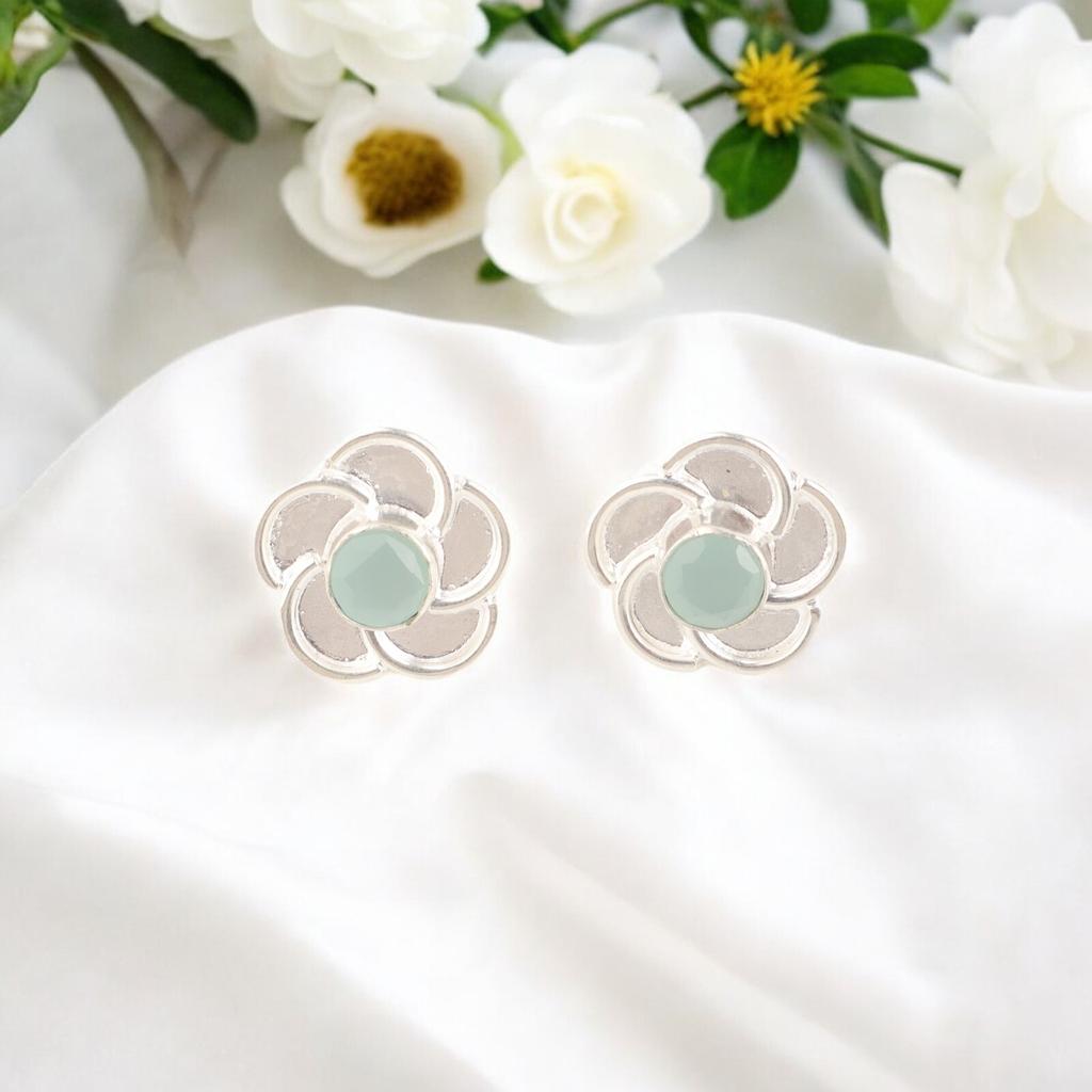 Natural Aqua Chalcedony Gemstone 925 Sterling Silver Designer Stud Earrings 0.5" EE-157-17