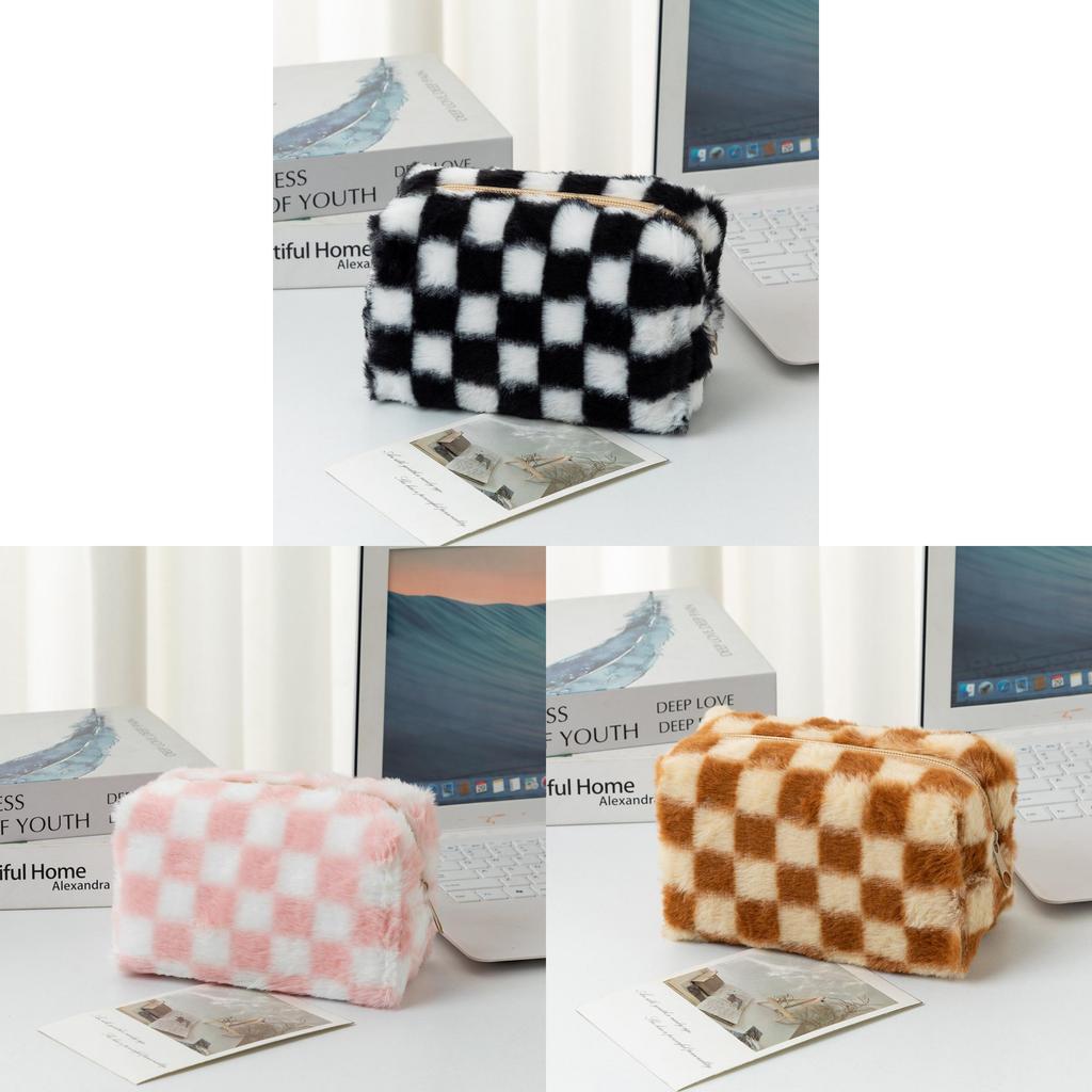 Plush Checkered Pencil Case With Breathable Fabric For Students And Daily Use