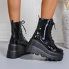 Punk Style Chunky Platform Ankle Boots Women Fashion Patent Leather Wedge Heel Combat Boots Woman Black Thick Sole Gothic Shoes