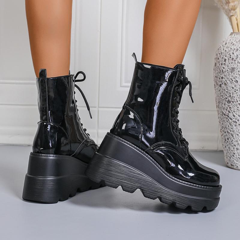 Punk Style Chunky Platform Ankle Boots Women Fashion Patent Leather Wedge Heel Combat Boots Woman Black Thick Sole Gothic Shoes