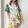 2026 cross-border foreign trade European and American women's clothing, new spring models, temperament casual printed shirt lace-up shorts set