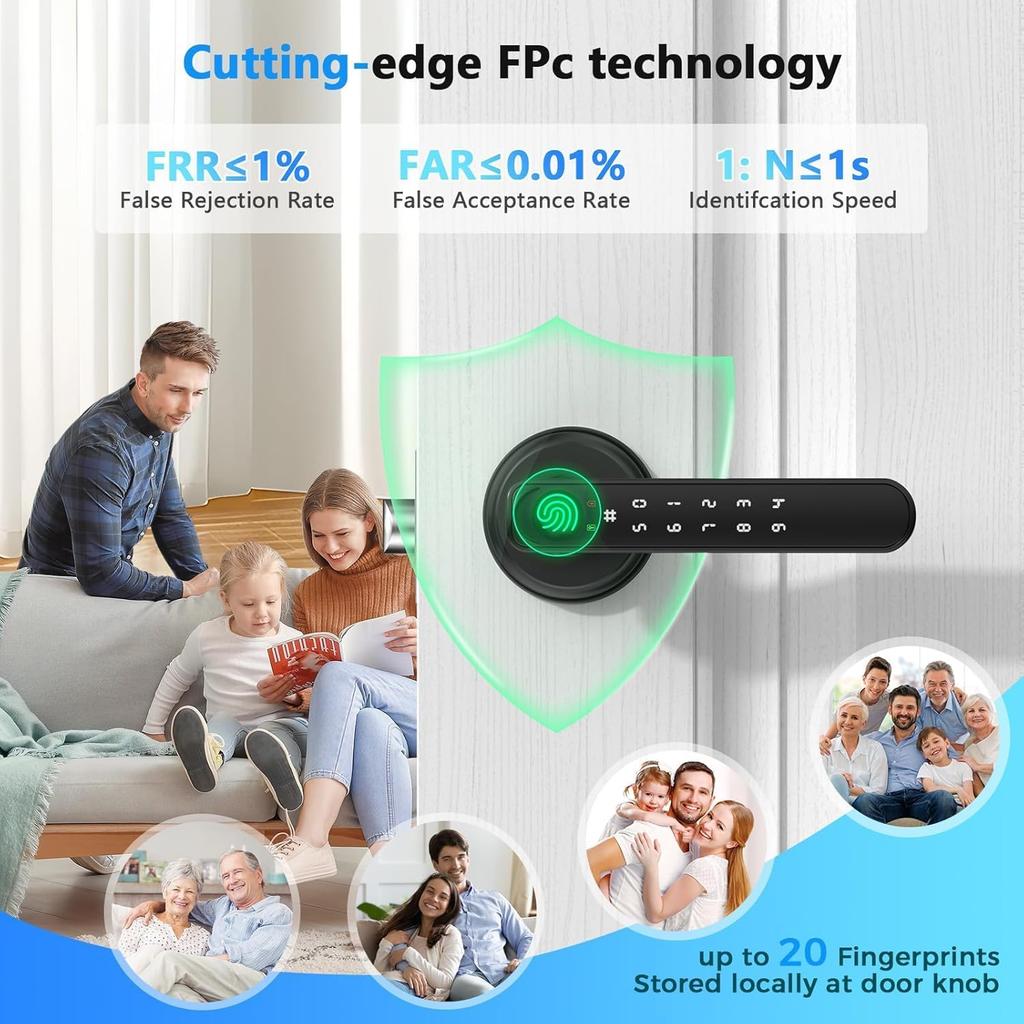 Fingerprint Door Lock, Smart Door knob, Biometric Door Lock, Bedroom Door knob with Code and App, Keypad Keyless Entry with Handle for Home Hotel