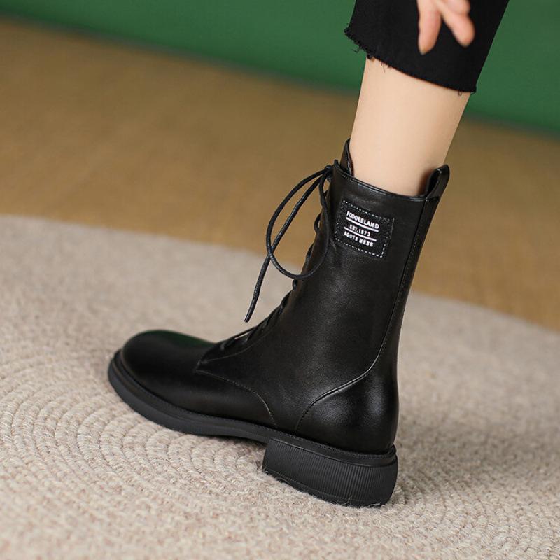 Autumn and winter Korean version of Martin boots side zipper middle heel women's boots round head rubber sole large size leather boots new medium boot