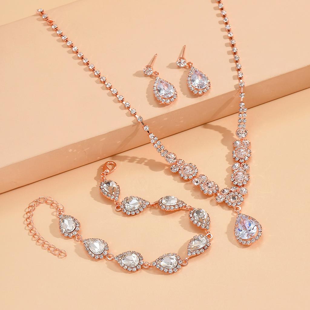 Nuova moda oro oro rosa set di gioielli da sposa zircone tre pezzi collana orecchini bracciale