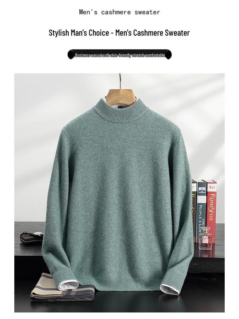 Men's Double-Thick Lamb Cashmere Sweater, Solid Color, Round Neck, Autumn/Winter Base Layer.