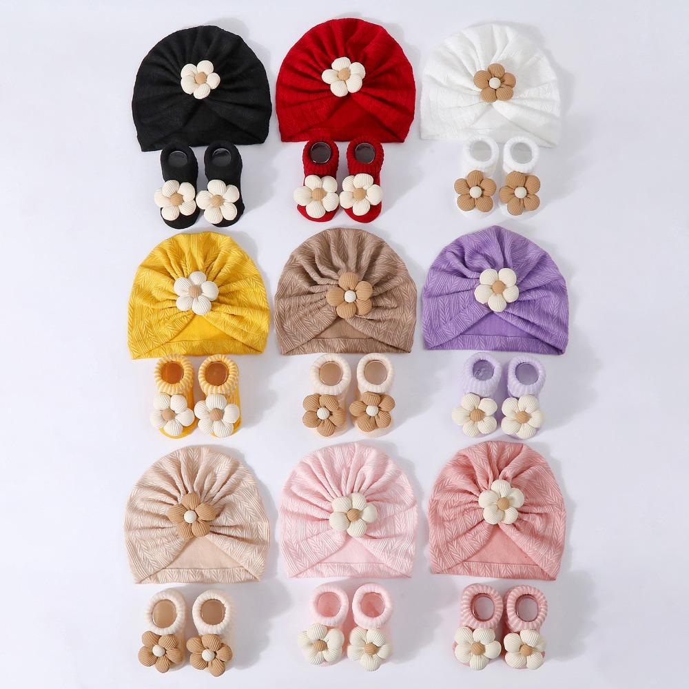 Elastic Infant Turban Hat Socks Set Soft Cotton Hat Sock Set Baby Headscarf Hat  Newborn Supplies