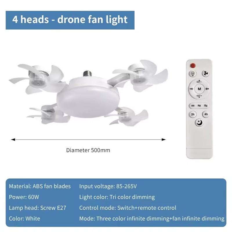 2-in-1 60W Fan Light E27 Drone Design Ceiling Fan Light with Remote Control AC85-265V Fan Lighting Bulb for Home Restaurant