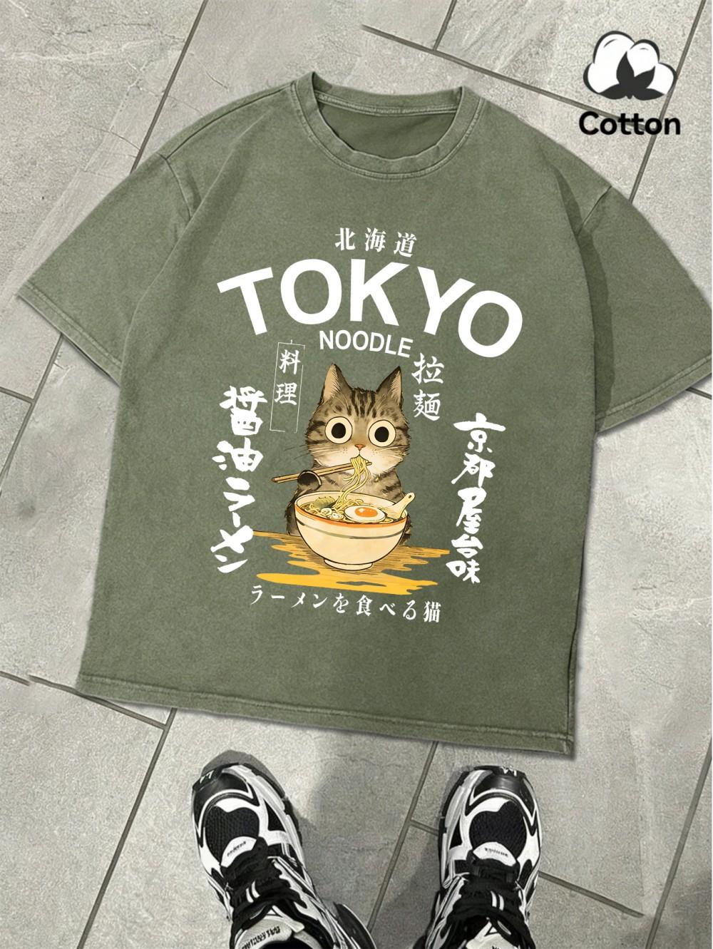 

Noodles Cuisine In Tokyo Prints Washed TShirts Mens Oversize Cotton T Shirt Summer ONeck Short Sleeve Tops Basic Male Clothes S