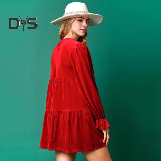 Women Christmas Dress Festive Star Print Patchwork Sequin A-line Pleated V Neck Long Sleeves Ruffles Velvet Party New Year Mini Dress