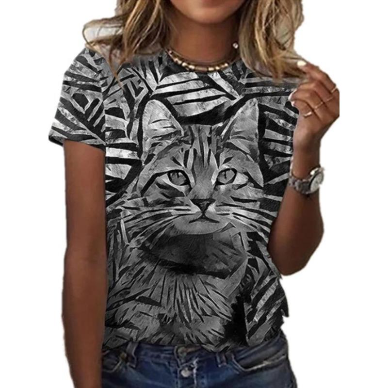 Summer Round Neck 3D Feather Animal Simplicity Print Top Fashionable Casual Short Sleeved Women's T-shirts