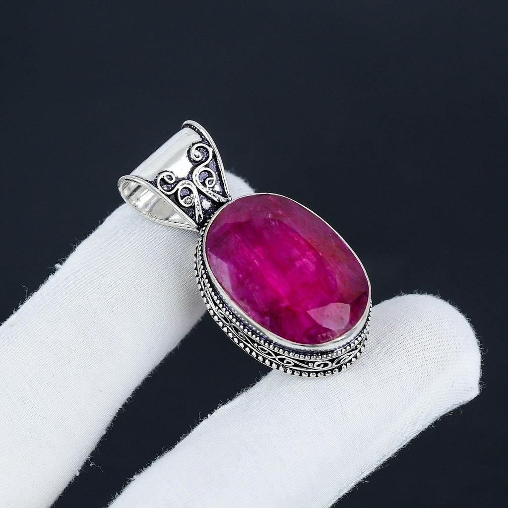 Beautiful Kashmir Ruby Gemstone Silver Pendant in 925 Sterling Silver - Handmade Oval Design, Everyday Wear Jewelry Party Wear Gift