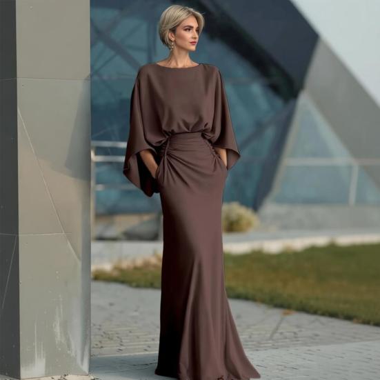 Dames Geplooide Bootnek Bruiloftsgast Jurk, Backless Vleermuis 3/4 Mouw Bodycon Lange Jurk, Formele Feest Cocktail Prom Jurk