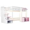 Wooden Loft Bed 90×200 Cm, with Storage Cabinet, Storage Staircase, Multicolor LED Light Strip, Eaves Design, Slatted Frame, Single Bed, Pink