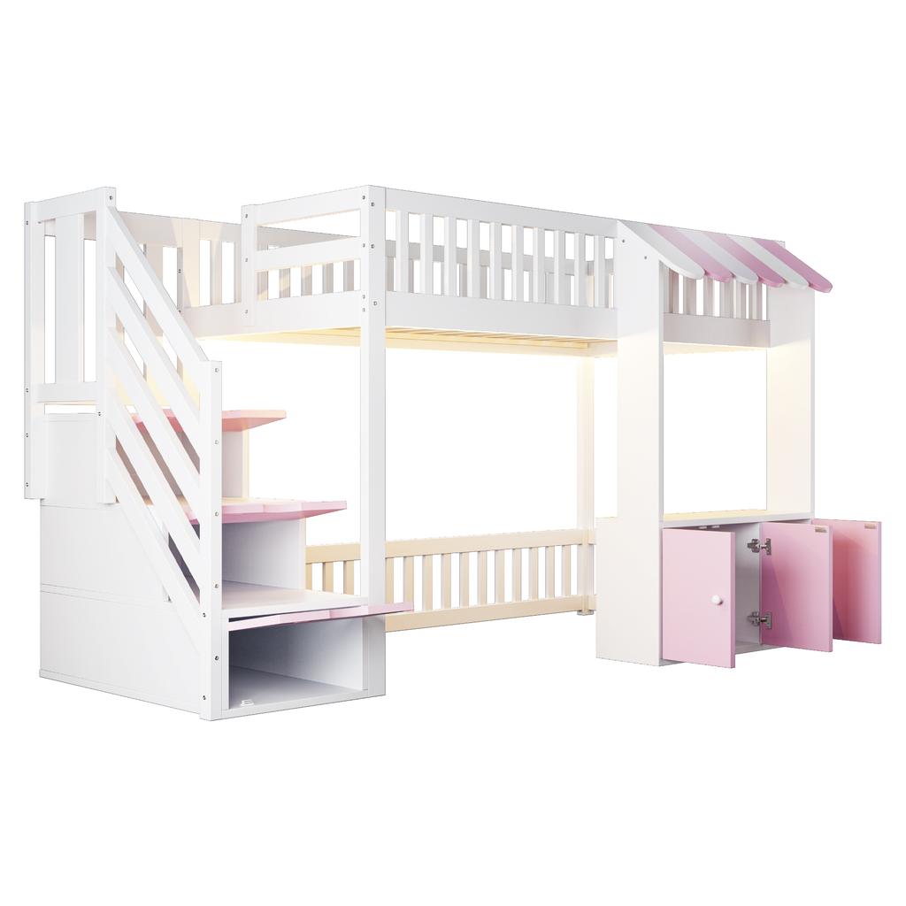 Wooden Loft Bed 90×200 Cm, with Storage Cabinet, Storage Staircase, Multicolor LED Light Strip, Eaves Design, Slatted Frame, Single Bed, Pink