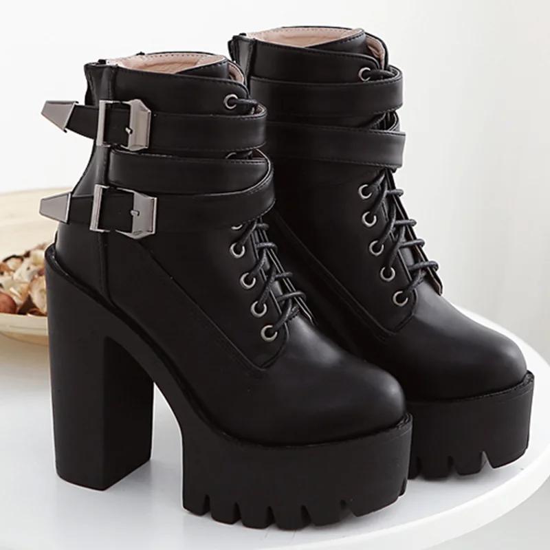 Fashion Korean Version of High Heel Boots Women's Waterproof Platform Thick Heel Platform Ankle Boots Single Boot Buckle Strap