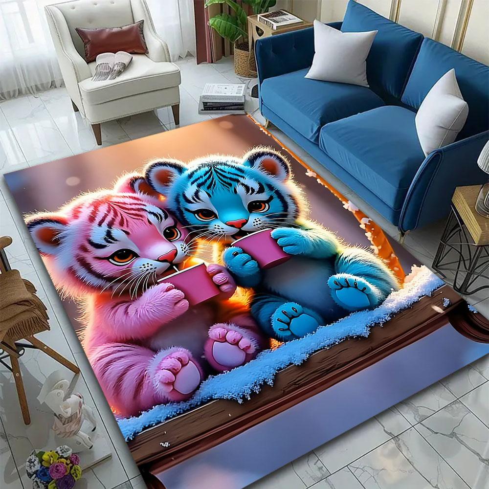 Colorful Tiger Cubs Sipping Tea Patterned carpet, suitable as a non slip play mat for the living room and bedroom sofa