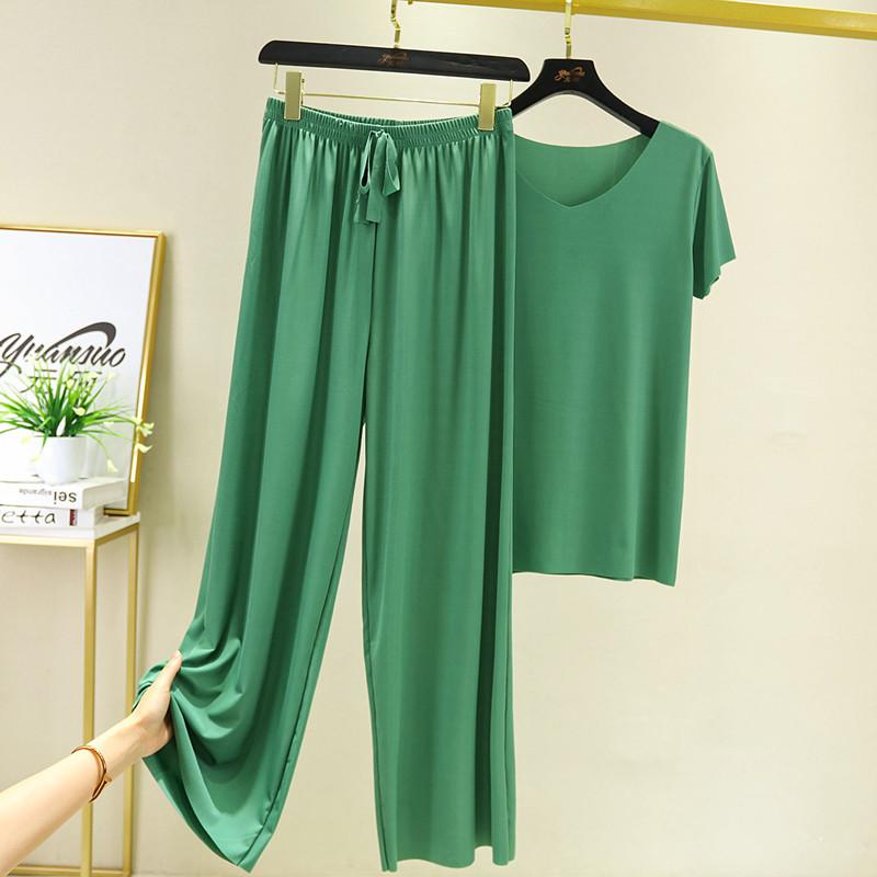 Damen Eleganter V-Ausschnitt Eisseide Kurzarmanzug Lässige Gerade Hose Zweiteiliges Outfit Lange Hose mit Kordelzug Kurzarmhemd