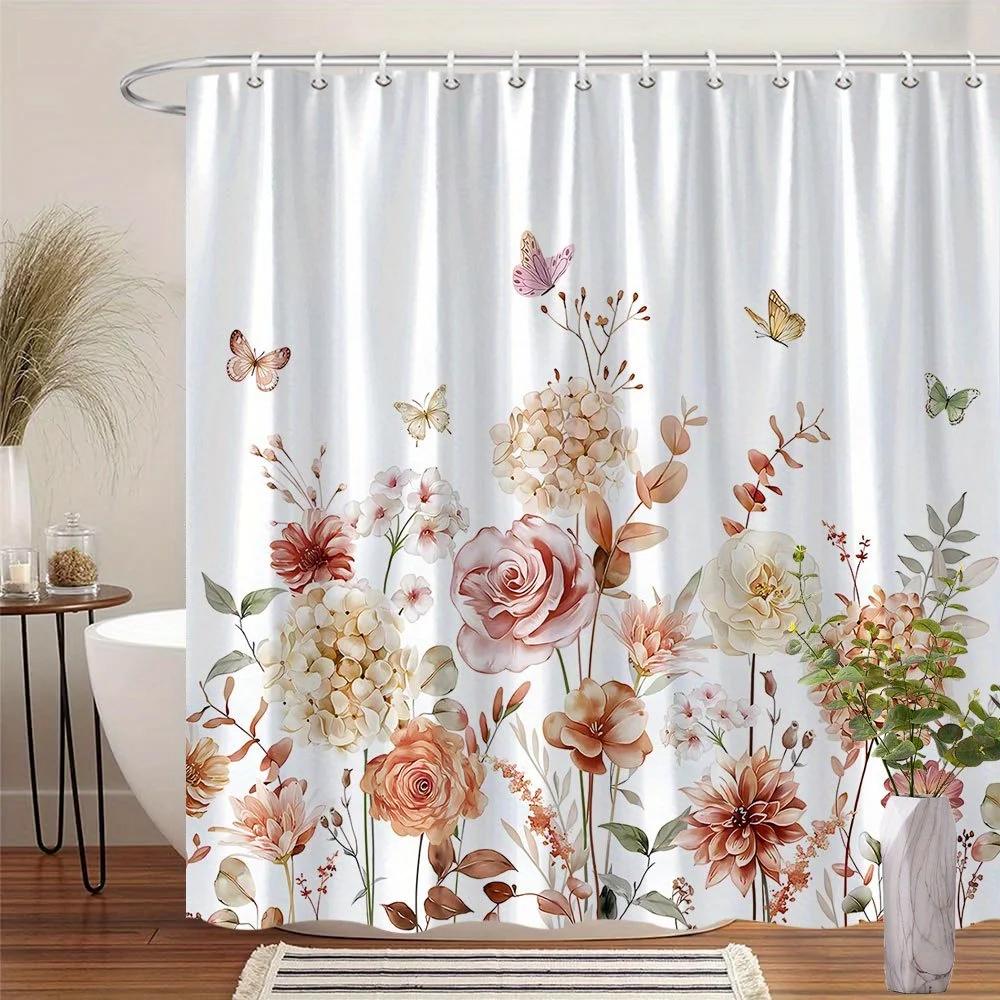 

Autumn Floral Shower Curtain - Elegant Fall Flowers And Leaves For Bathroom Decor - Warm And Inviting Home Accessory W60H190(CM)-1 Pcs