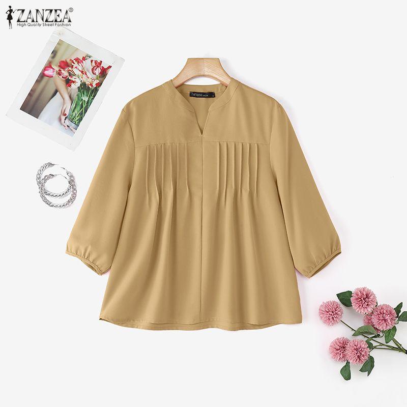 ZANZEA Kobiety Casualowy Okrągły Dekolt Jednolity Kolor Luźna Bluzka z Długim Rękawem