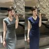 Summer V-neck Waist Royal Sister Style Dress Women's Design Feeling Wrinkled and Thin French Niche Hip-wrapped Dress