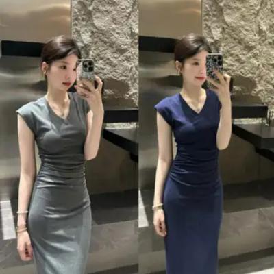 Summer V-neck Waist Royal Sister Style Dress Women's Design Feeling Wrinkled and Thin French Niche Hip-wrapped Dress