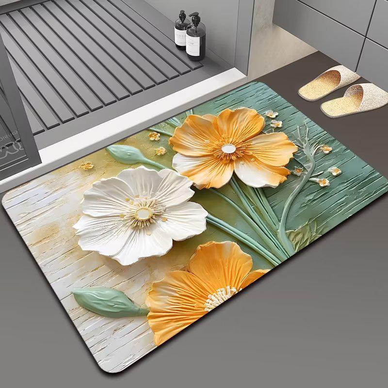 3D Floral Diatomaceous Earth Bath Mat - Absorbent, Quick-Dry, Stain & Wear Resistant Doormat