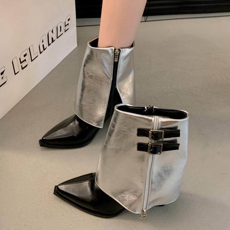 Metal Buckle Mix Color Ankle Boots Women 2025 Autumn Sexy Pointed Toe Medium Heel Modern Boots Y2K Silver Designer Shoes