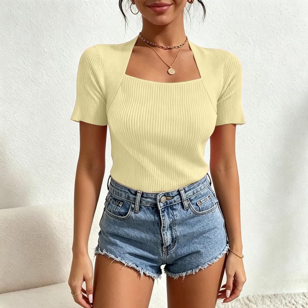Women's Square Neck Short Sleeve Knit Top Slim Fit Color Casual Pullover Blouse