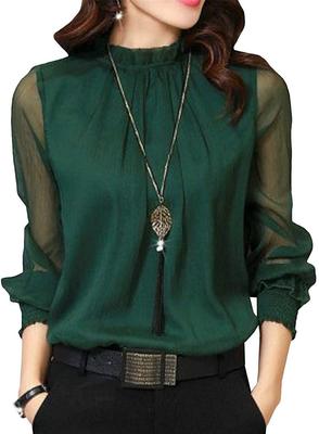 Sheer Long Sleeve Chiffon Ruffle Solid Sizes ORANGECODE Women's Blouse, Color, Formal, M-3XL (Green, XL)