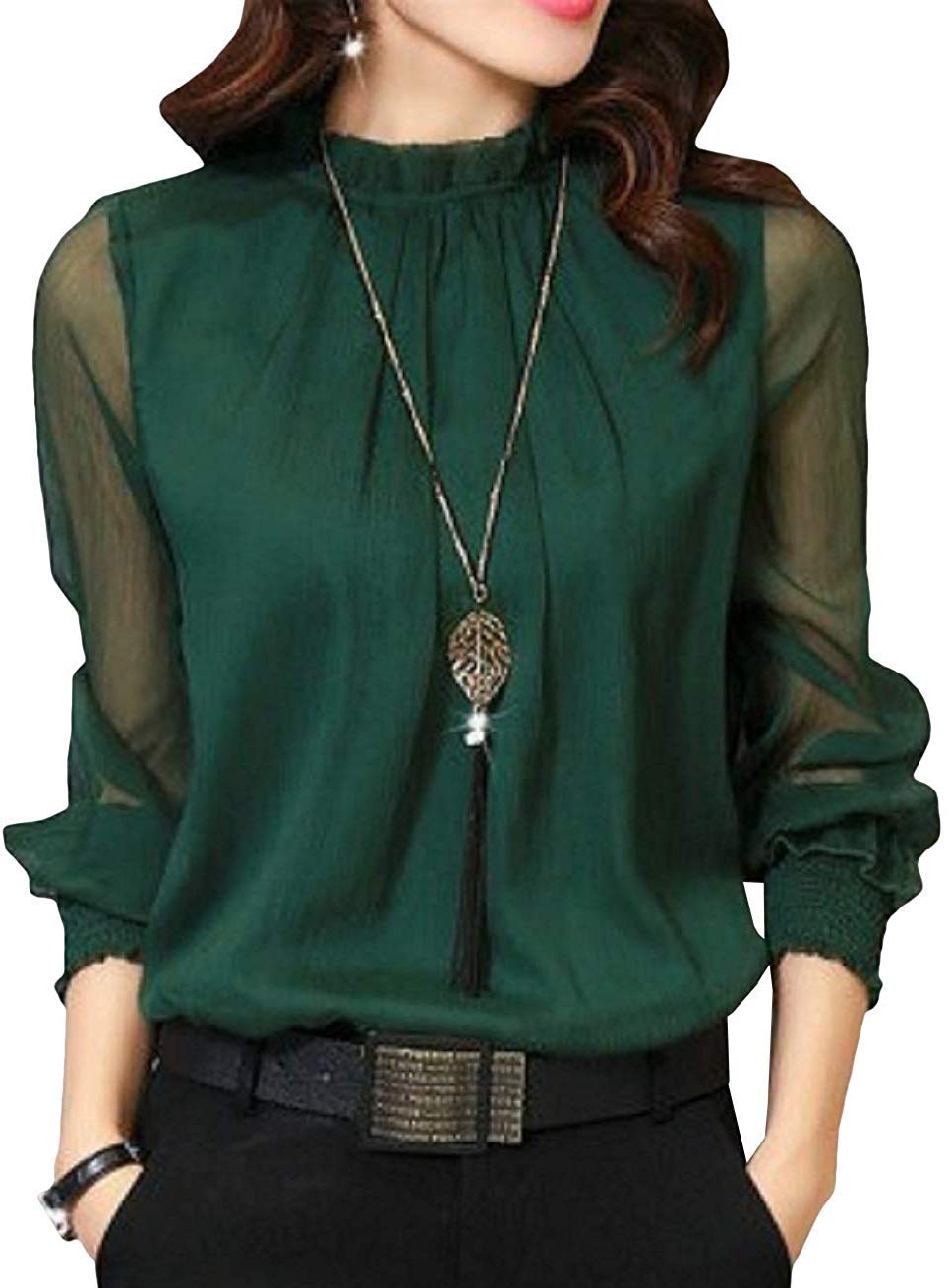 

Прозрачная блузка с длинным рукавом, шифоновыми оборками, однотонная, размеры ORANGECODE для женщин, цвет, формальная, M-3XL (Зеленый, XL) зелёный