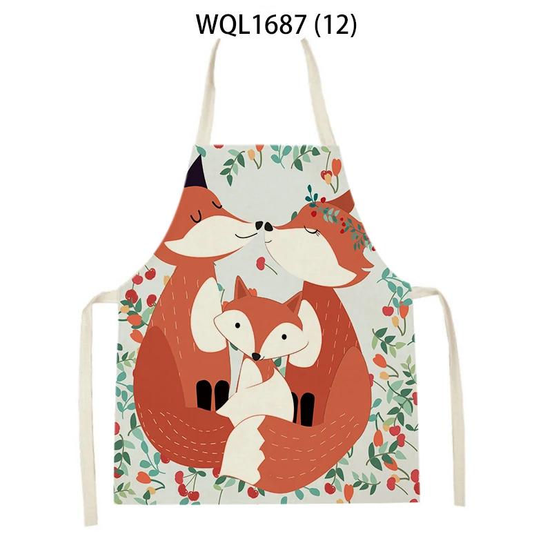 Cartoon Animal Fox Bear Pattern Kitchen Apron Woman Adult Kids Bibs Home Cooking Baking Cleaning Apron Kitchen Accessory