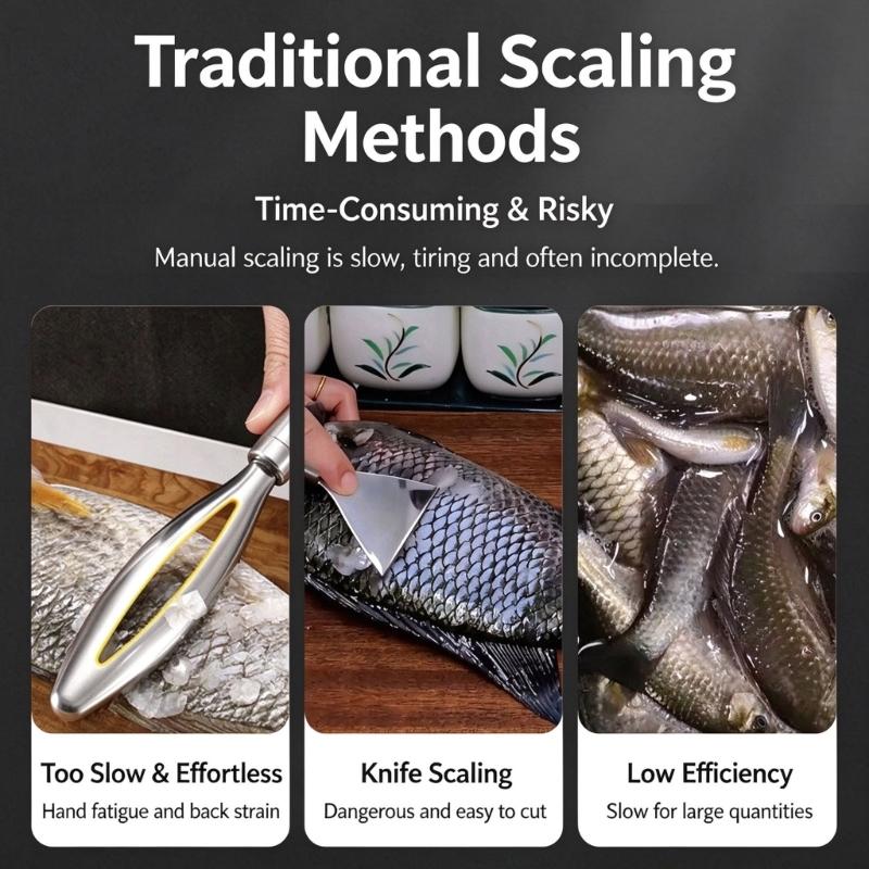 Battery-Operated Fish Descaling Tool with Covered Metal Blade, Textured Handle, and Reverse Control for Restaurant Kitchen Fish Preparation