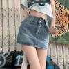 Klassischer Vielseitiger Halbkörperrock Doppel-Schnallen-Design Hochtailliert A-Linie Retro Paket Hüfte Kurzer Rock Hose Damen Sommer Mode Denim Kurzer Rock