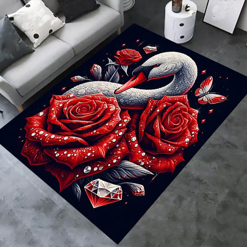 Elegant Swan with Red Roses Chair Mat Office Carpet, Oversized Rug for Home Decor, Gift, Suitable for Bedroom, Living Room, Various Rooms