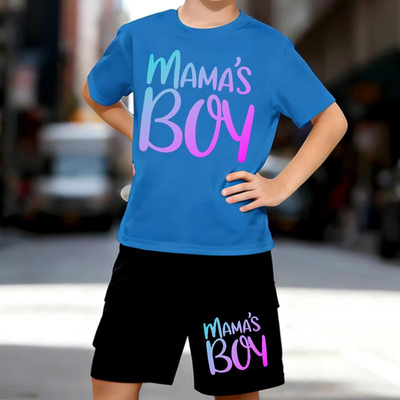 Boys 2 Piece Mama's Boy Print Outfit, Short Sleeve T-Shirt and Shorts Set for Kids Age 5-14, White Sporty Casual Summer Clothes