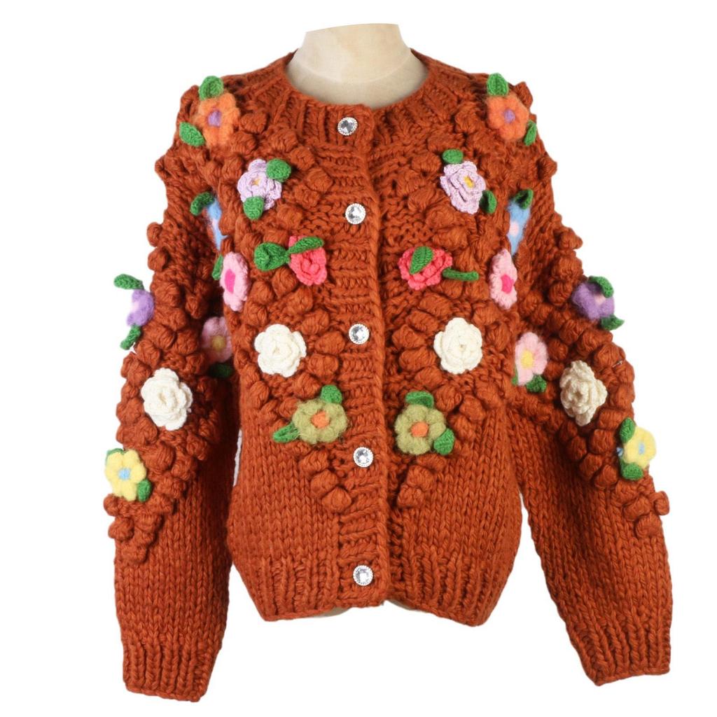 Women's Floral Round Neck Long Sleeve Cable Knit Cardigan