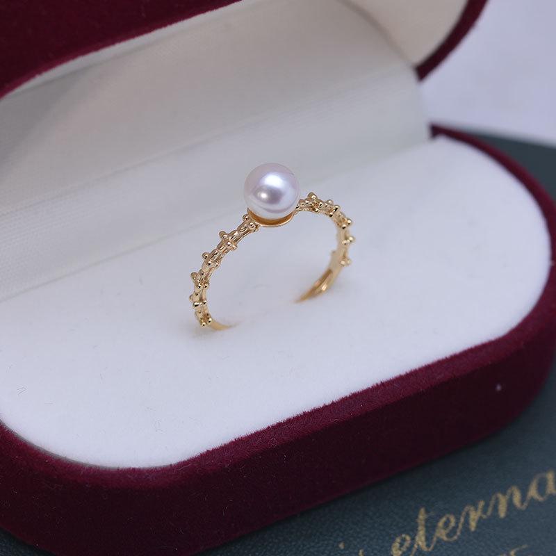 6-7mm High Luster White Freshwater Pearl Ring in S925 Silver Fairy Style Gold + White Pearl