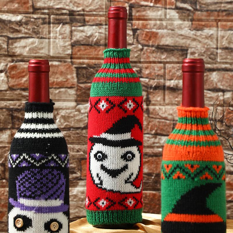 Halloween Decorations: Knitted Wine Bottle Cover for Pumpkins, Skull Red Wine Set, Decoration for Display, Champagne Wine Set