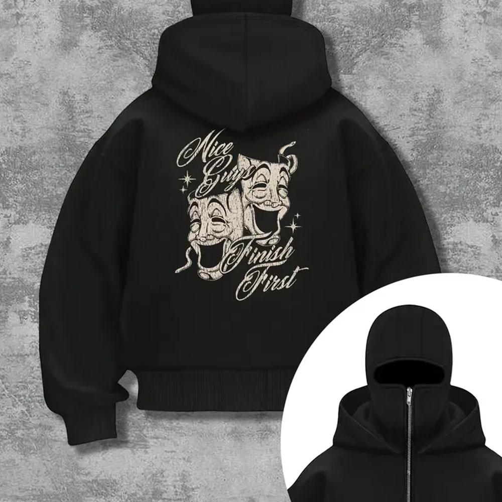 Men's Black Hooded Zipper Jacket with Skull Pattern Print - Sports and Casual Loose Autumn and Winter Jacket, Outdoor Lightweight Jacket Street Style