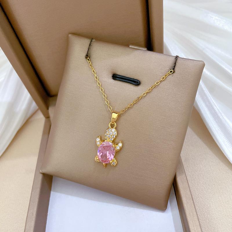 Pink Synthetic Zircon Turtle Pendant Jewelry Set Earrings Necklace for Women