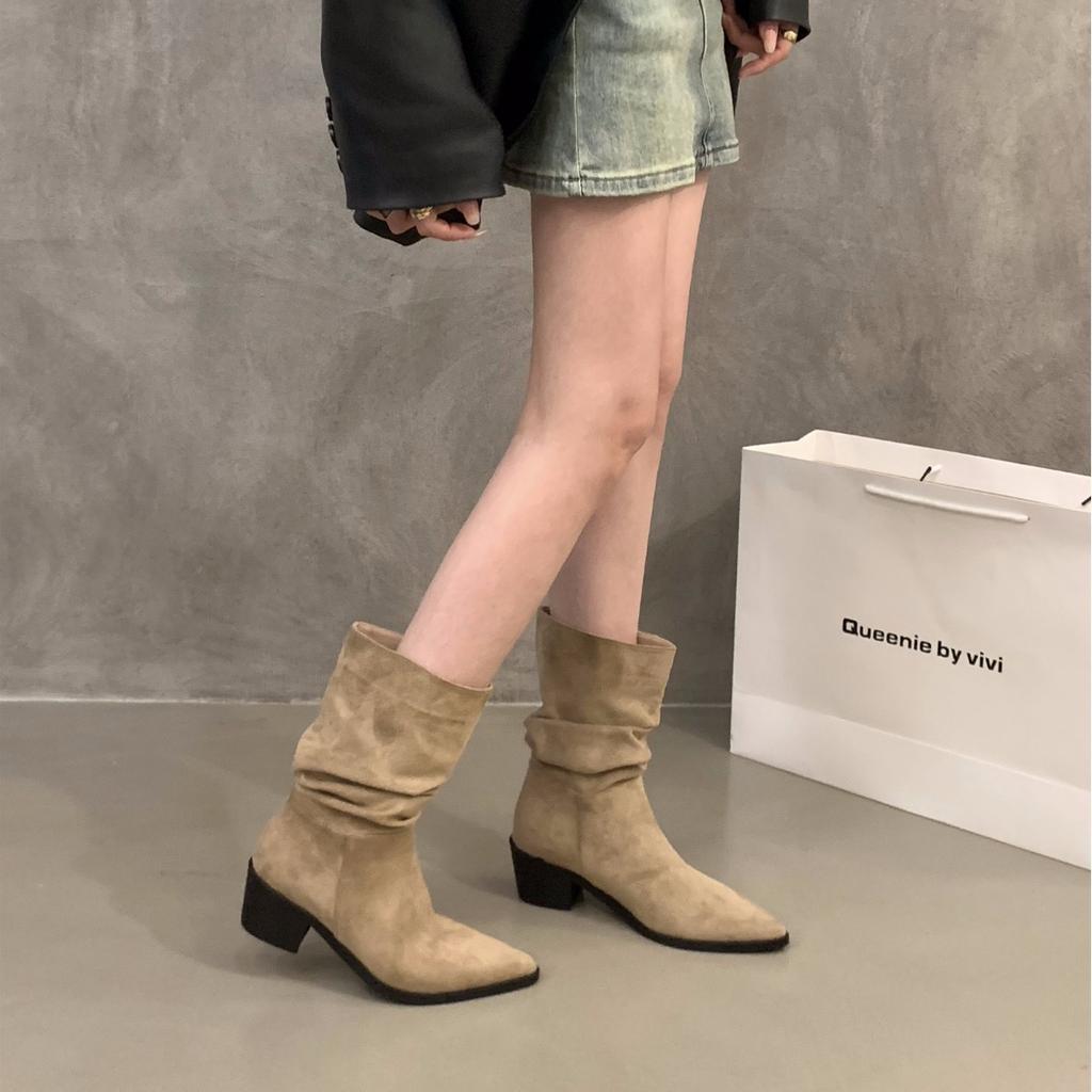 High heel pointed suede khaki thin French small short boots women's shoes 2025 new stacking boots spring and autumn single boots